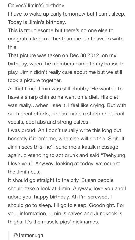 Tae's birthday letter to Jimin