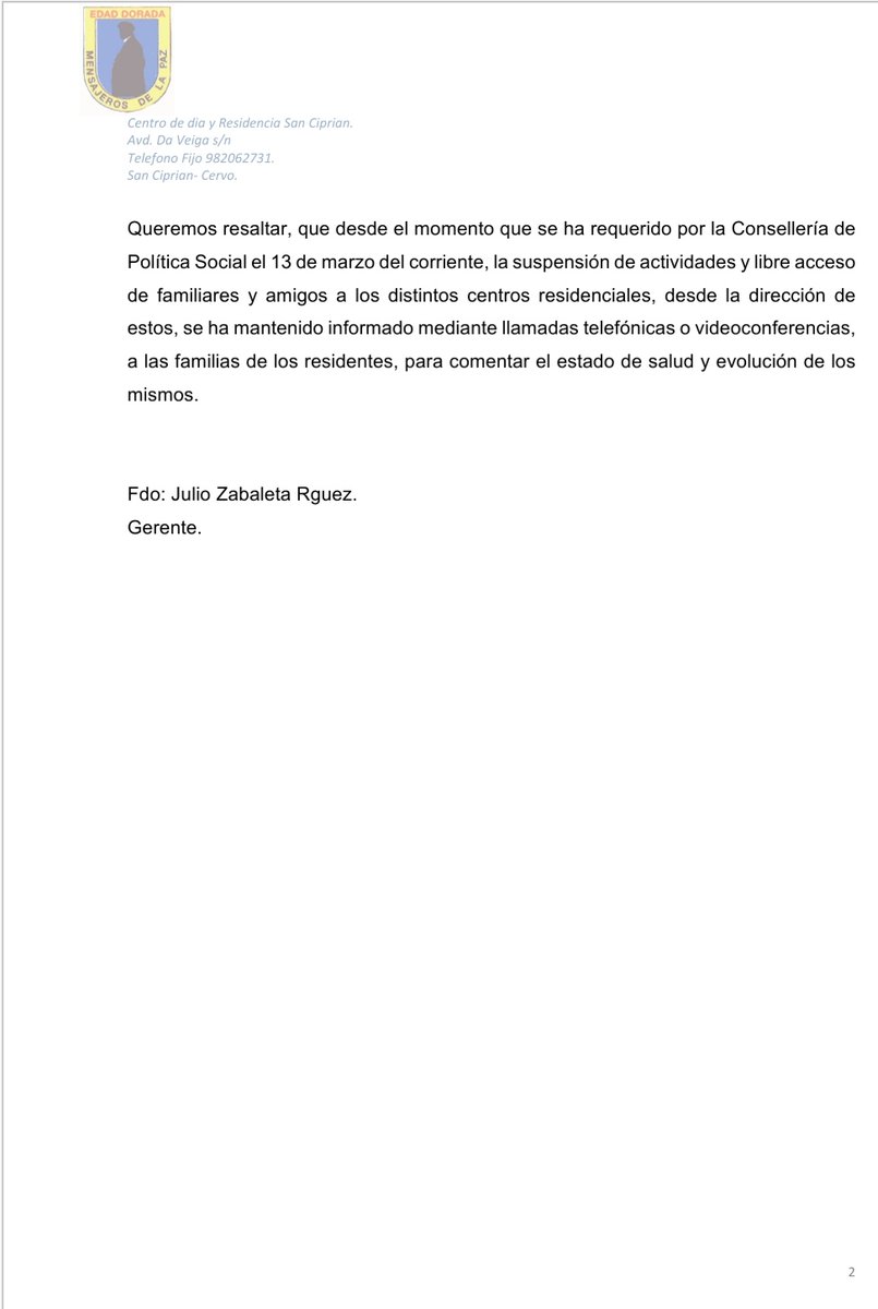 ℹ️ #COVID19 👉 Comunicado da Residencia San Rafael de #Mondoñedo👇