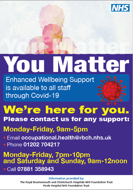 OD_UHD_NHS's tweet photo. We acknowledge that our staff @Poole_Hospital &amp; @RBCH_NHS may be experiencing more emotional challenges due to Covid-19.  You matter....we have introduced some Enhanced Wellbeing Support accessible via the one email/phone call to Occupational Health who will help you source help. https://t.co/pkurJEzOIx