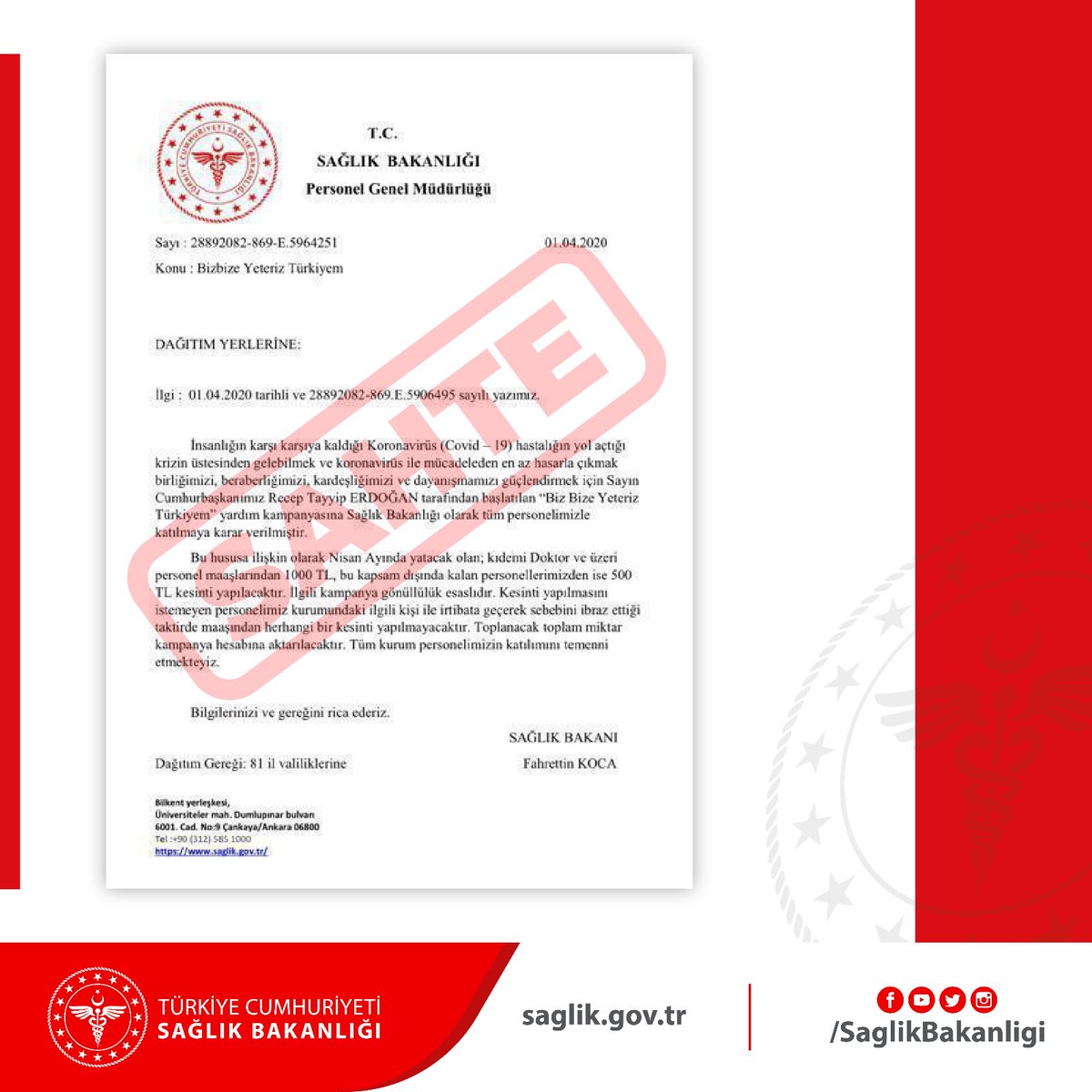 saglikbakanligi's tweet photo. ❌Sosyal medya ve telefon uygulamalarında gördüğ��nüz bu belge SAHTEDİR.
✅Güncel ve güvenilir bilgileri T.C. Sağlık Bakanlığı web sitelerinden ve sosyal medya hesaplarından edinin. https://t.co/KvEPRo6OMc