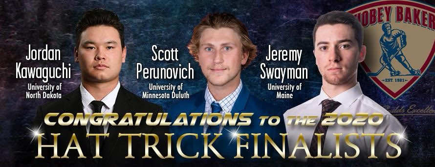 HobeyBakerAward's tweet photo. Congratulations to the 2020 Hobey Baker Hat Trick Finalists

Jordan Kawaguchi (@UNDmhockey)
Scott Perunovich (@UMDMensHockey)
Jeremy Swayman (@MaineIceHockey)

Check out player profiles at
https://t.co/JjWupx3eRz
#hobeybaker #voteforhobey #ncaahockey https://t.co/2jbnJoLTIU
