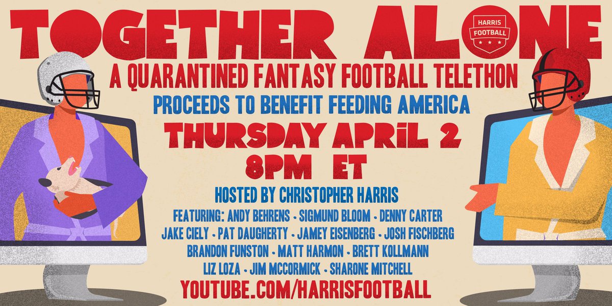 Whether you can afford to give (proceeds will benefit  @FeedingAmerica) or not, tonight’s  #QuarantineTelethon is free to watch, and we hope it will make you feel a little less lonely.  http://YouTube.com/HarrisFootball 