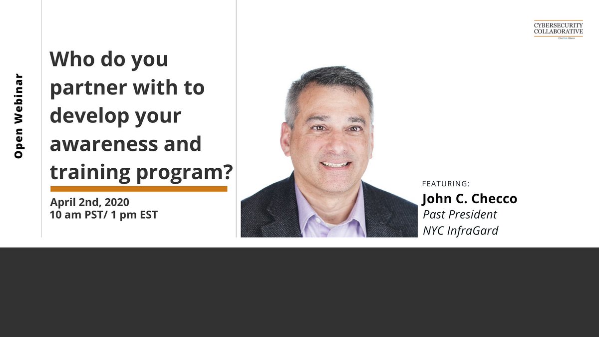 Don't miss out on the #free open webinar with security expert John Checco today at 1 pm EST, join in here: lnkd.in/gaggJyZ

#CISO #cybersecurity  #training #awareness #COVID19Pandemic