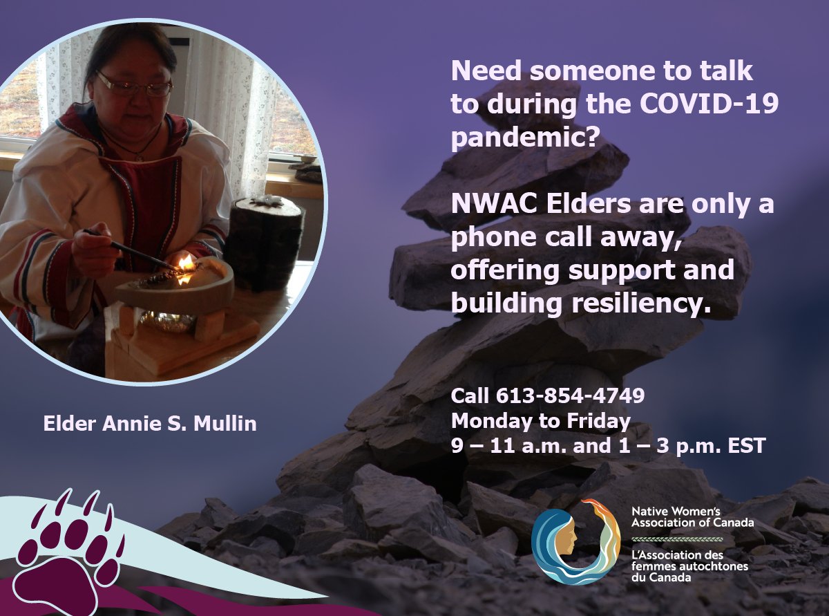 NWAC_CA's tweet image. Our Elders have always been one of our greatest sources of wisdom, support and knowledge. To ensure you stay resilient through #COVID19, we have created an Elder call-in support service. Our 3 in-house Elders can be reached Monday-Friday 9-11am and 1-3pm EST.