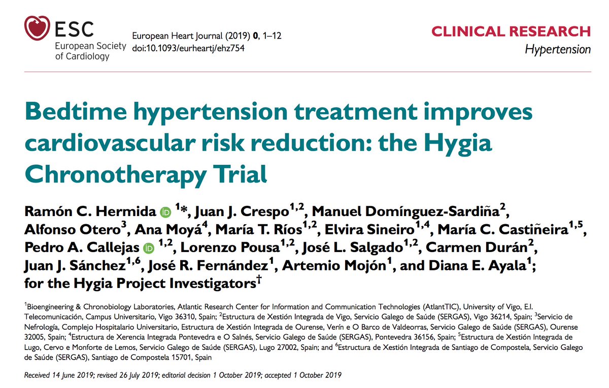 Hermida's group long-term study: bedtime dosing of  #hypertension meds cuts composite  #CardiovascularEvents by 50% I usually tell folks to take their diuretic in the morning so they don't get nocturia interrupting their sleep - what to do?  #nephtwitter https://academic.oup.com/eurheartj/advance-article/doi/10.1093/eurheartj/ehz754/5602478#.XoYTViN-S3s.twitter