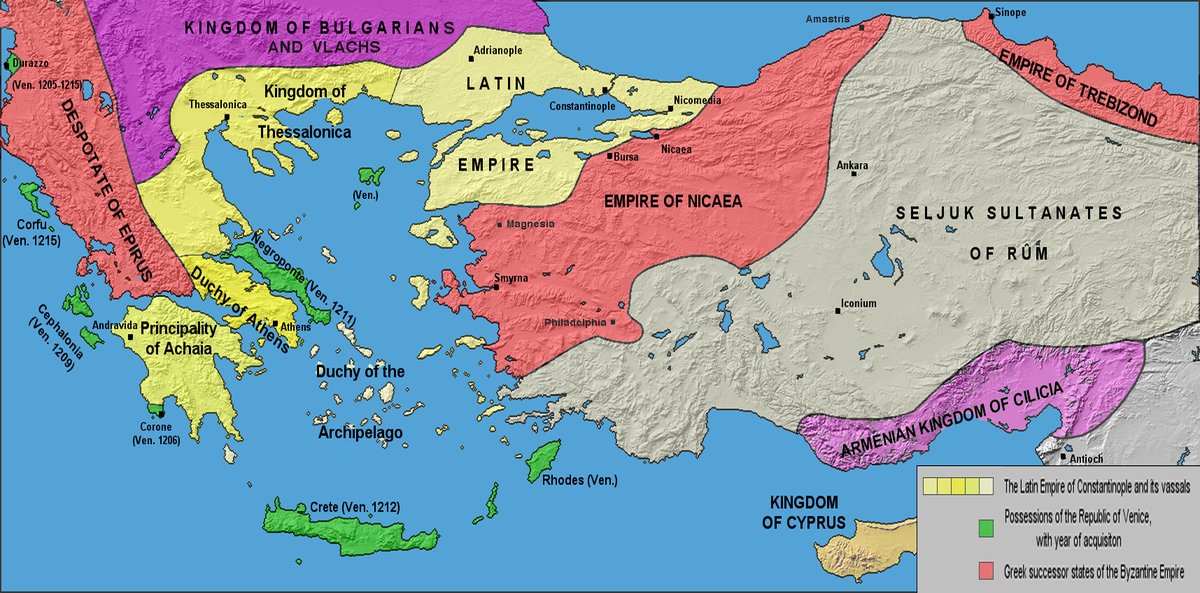Much of the Byzantine army and aristocracy meanwhile escaped the city and scattered across the empire. Various nobles claiming the imperial succession set themselves up in Nicaea, Epirus (NW Greece/S Albania), and Trebizond (NE Anatolia).