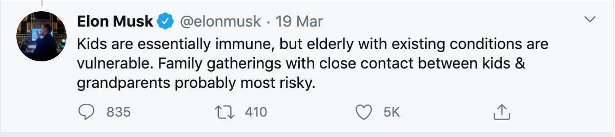 Musk has repeatedly downplayed the coronavirus. He's called the panic "dumb," said children are "essentially immune," and declared there would "probably" be no new U.S. cases by the end of April. https://www.vox.com/recode/2020/3/19/21185417/elon-musk-coronavirus-tweets-panic-ventilators-chloroquine-tesla-factory