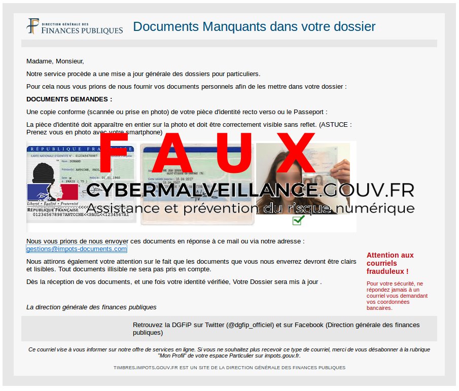 cybervictimes's tweet image. 🔴[#ALERTE] Campagne d'#hameçonnage (#phishing) en cours aux couleurs de @dgfip_officiel 

Non‼️ les impôts ne vous demandent pas une copie de votre carte d'identité par #mail

C'est une arnaque qui vise à vous voler votre identité.

- Ne répondez pas
- Signalez