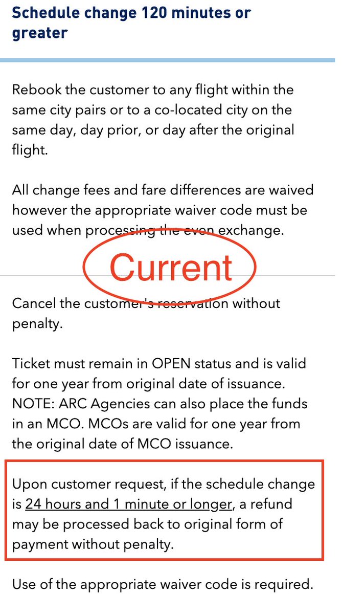 jetBlue perhaps has the most blasphemous policy change. Until as recently as March 24, they were offering refunds on schedule changes of 2+ hours. Now the policy has been revised to refunds only on 24+ hour schedule changes. https://web.archive.org/web/20200324201412/https://www.jetblue.com/travel-agents/schedule-change https://www.jetblue.com/travel-agents/schedule-change (8/9)