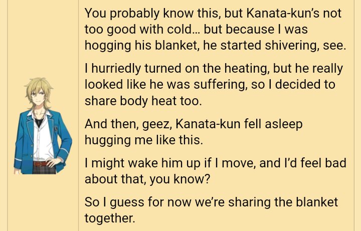 kaoru: physical contact with boys also kaoru: [snuggles with kanata under a blanket to keep him warm]