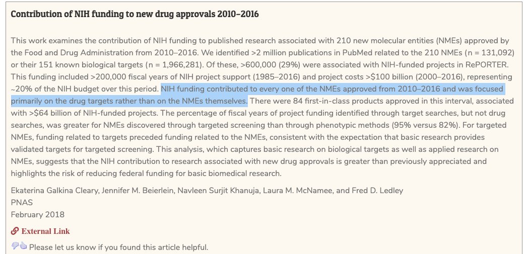 And pharma companies, for all the good they do in bringing these drugs to market, don't start from zero in R&D. Government $ lays the groundwork (the R) and private $ brings it to market (the D). That's comparative advantage in action! /6