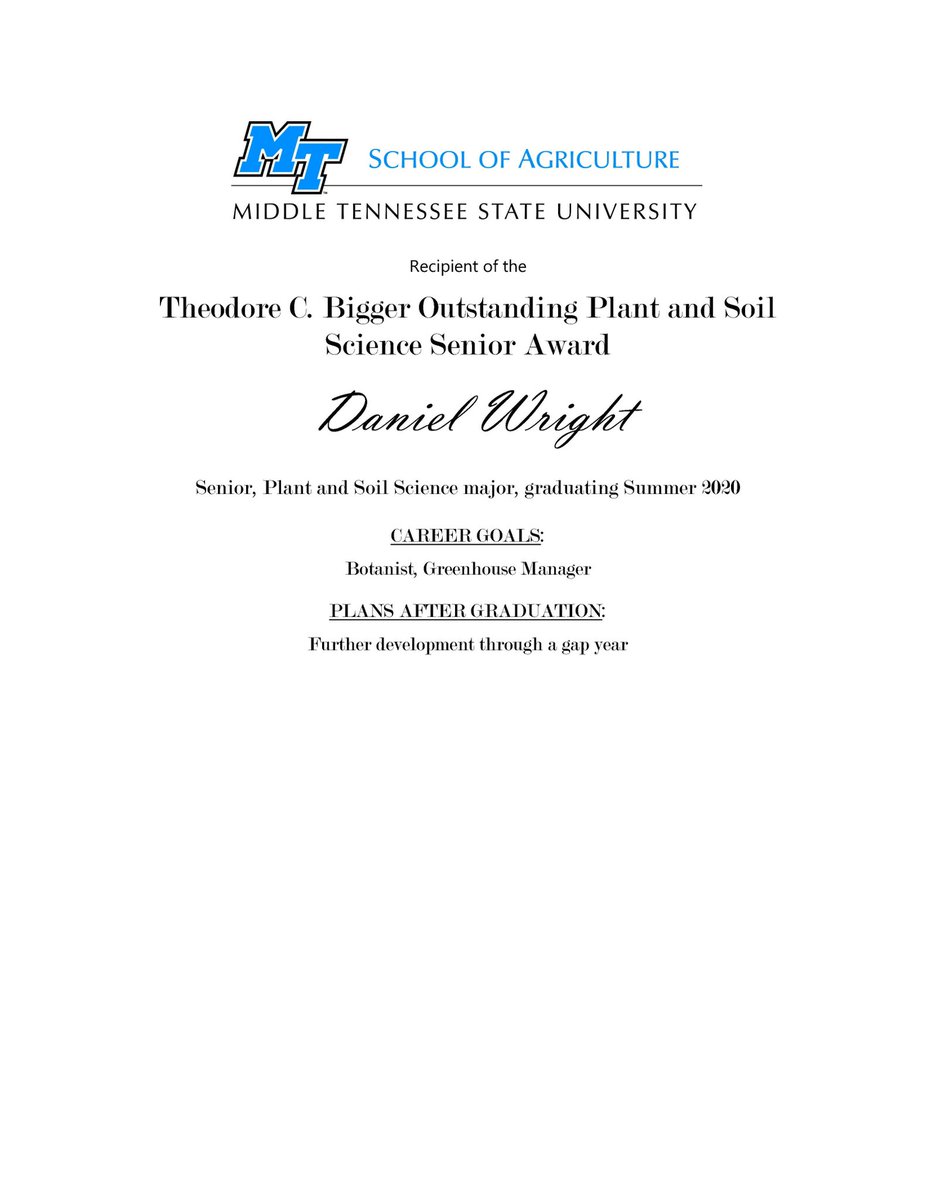 MTSUAg's tweet image. Introducing our 2020 Theodore C. Bigger Outstanding Plant and Soil Science Senior Award recipient - Daniel Wright! Congrats Daniel...well deserved! 💙🤝🌿🌳🌷🎉