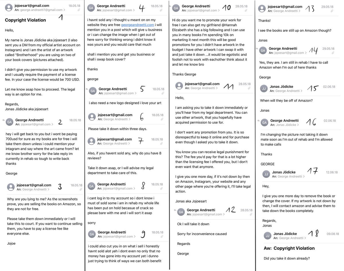 JoJoesArt's tweet photo. He also claims that when he said he‘d take the book down, I replied „No, don‘t take it down, just give me 700$!“, implying I wasn’t willing to cooperate and was just out for the money.
Here are all the emails we exchanged, so you can see for yourself.
#artistleaks https://t.co/HpjOxaQjZE