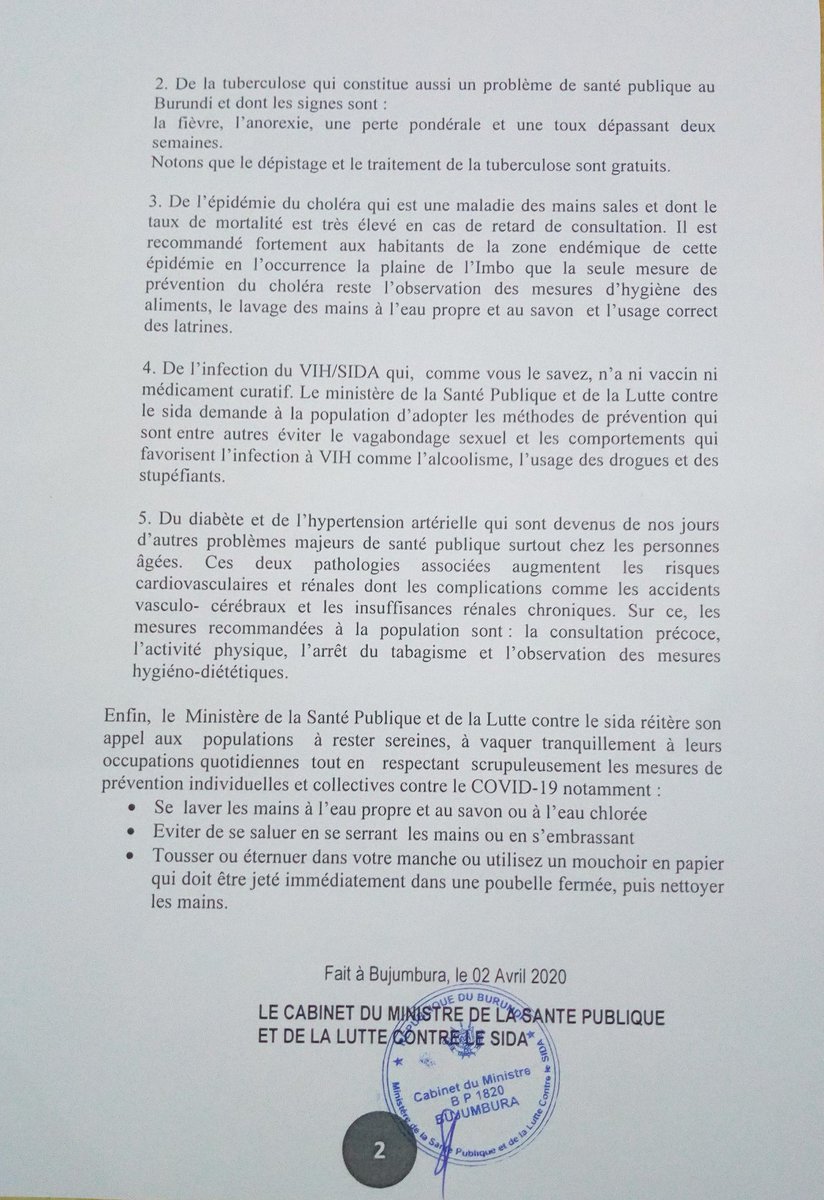  Autre point de la mise à jour du ministre  @dr_thaddee: "Les  #Burundi-ais doivent rester vigilants face au  #COVIDー19, sans oublier d'autres pathologies qui tuent plus que le  #coronavirus: le  #paludisme, la  #tuberculose, le  #choléra, le  #VIH/SIDA, le  #diabète et hypertension"