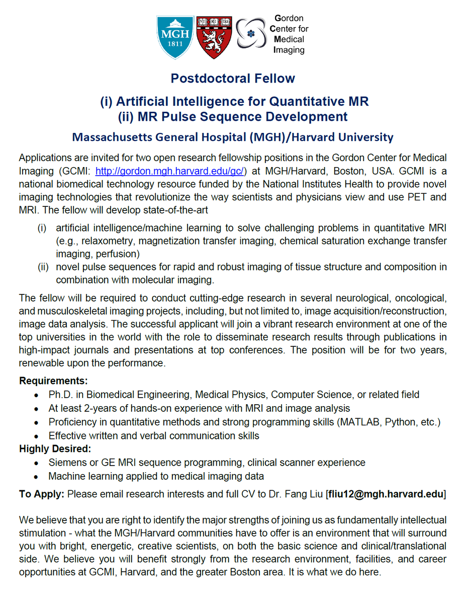 Fang Liu (@drfangliu) on Twitter photo We are looking for postdoc fellows to work together on exciting MR and PET/MR projects, focusing on quantitative MR and MR pulse sequence development. If interested, please contact me at fliu12@mgh.harvard.edu #ArtificialIntelligence #MachineLearning #imaging We are looking for postdoc fellows to work together on exciting MR and PET/MR projects, focusing on quantitative MR and MR pulse sequence development. If interested, please contact me at fliu12@mgh.harvard.edu #ArtificialIntelligence #MachineLearning #imaging