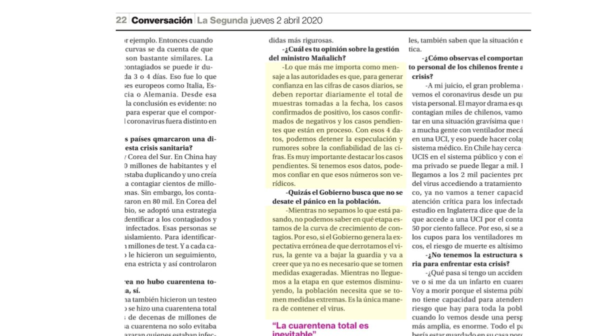 elaval's tweet image. He intentado por todos los medios comunicar el mensaje:

PUBLICAR DIARIAMENTE NÚMERO DE EXÁMENES PENDIENTES

Aquí lo digo en entrevista que me hicieron en diario La Segunda publicada hoy ...

Por favor @ministeriosalud, es un dato importante para generar confianza en las cifras