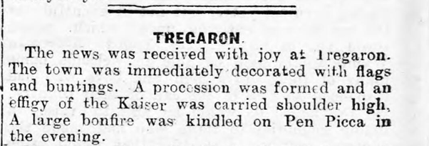 Not to be outdone; Tregaron went one step further – forming an effigy of Kaiser Wilhelm II, and seemingly burning it in on massive bonfire (!) . The CN also included a huge section dedicated to the signing of the Armistice, and the German terms of surrender. 