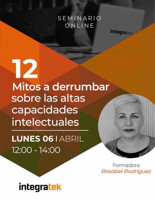 El próximo lunes 6 de abril!
Ayúdame a que las #altascapacidades se conozcan mejor y aprendamos como son estos estudiantes para poder identificarlos y atenderlos en una #educacióninclusiva
Vamos a derribar mitos todos juntos 💪⬇️
Seminario online gratuito: integratek.es/12-mitos-a-der…