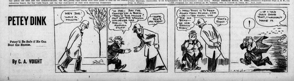 NYMammoths's tweet photo. An October 1918 series on the Spanish Influenza in the Petey Dink comic strip by Charles A. Voight.

October 17, 1918:

"Petey'll Be Safe if He Can Beat the Sneeze." https://t.co/c3xmBjKhm4