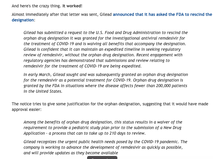 Lots of companies are doing their part.  @GileadSciences (after public scrutiny) withdrew their application asking for orphan drug status from  @US_FDA for remdesivir. /9