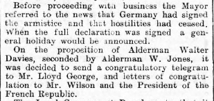 By the next edition (15/11/18) – peace had dawned on Europe; with CN columns filled with joy, relief and reflection. Lampeter Council decided to celebrate by sending a congratulatory telegraph to PM, Lloyd George  ; and letters to President Wilson  and Clemenceau  (!).