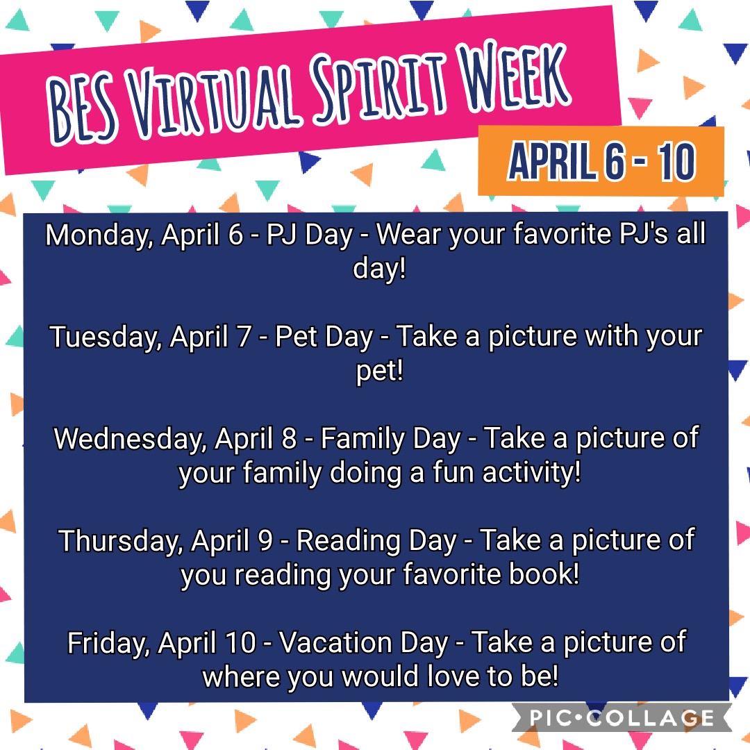 Next week, we will have a Virtual Spirit Week! If your child participates, please send pictures to their teacher or Mrs. Cowell (sarahcowell@johnston.k12.nc.us) to be posted on our Facebook page. We hope you will join us in trying to spread some cheer during this time. 😁