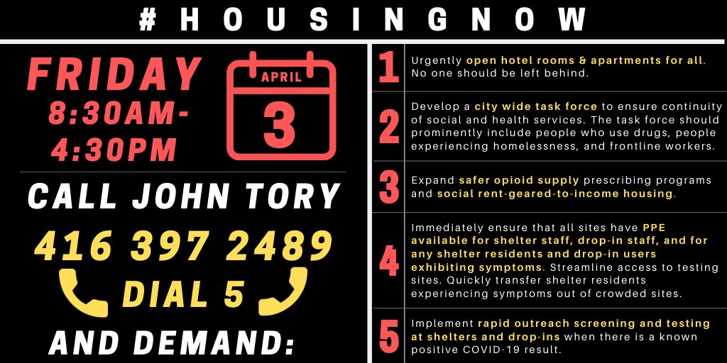 JOIN HPAP TOMORROW FRIDAY APRIL 3 to flood <a href="/JohnTory/">John Tory</a>‘s phone lines demanding URGENT ACTION to address the Toronto Homelessness #COVID19 Crisis!

☎️416-397-2489 (Dial 5)

Tweet at <a href="/HPAP_Ontario/">Health Providers Against Poverty</a> with your best phone-call selfie!

#TOpoli #HousingNow #Coronavirus