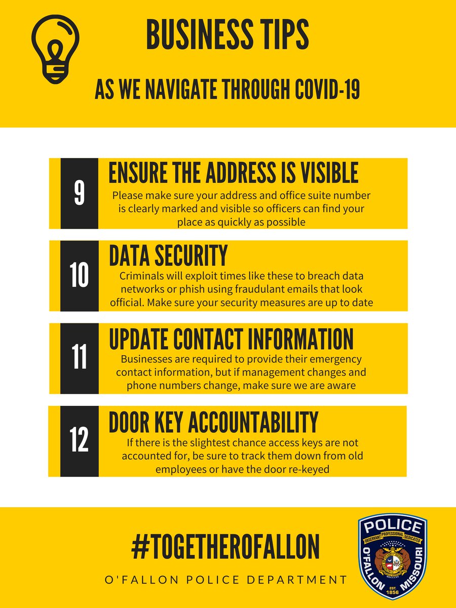 OFallonPolice's tweet photo. Here is a third set of tips for businesses. These are just some of the different things we can do to stay safe. Please share and we will continue to think of ways to be partners with our local businesses.
#TogetherOFallon https://t.co/R4oSbr1yRJ