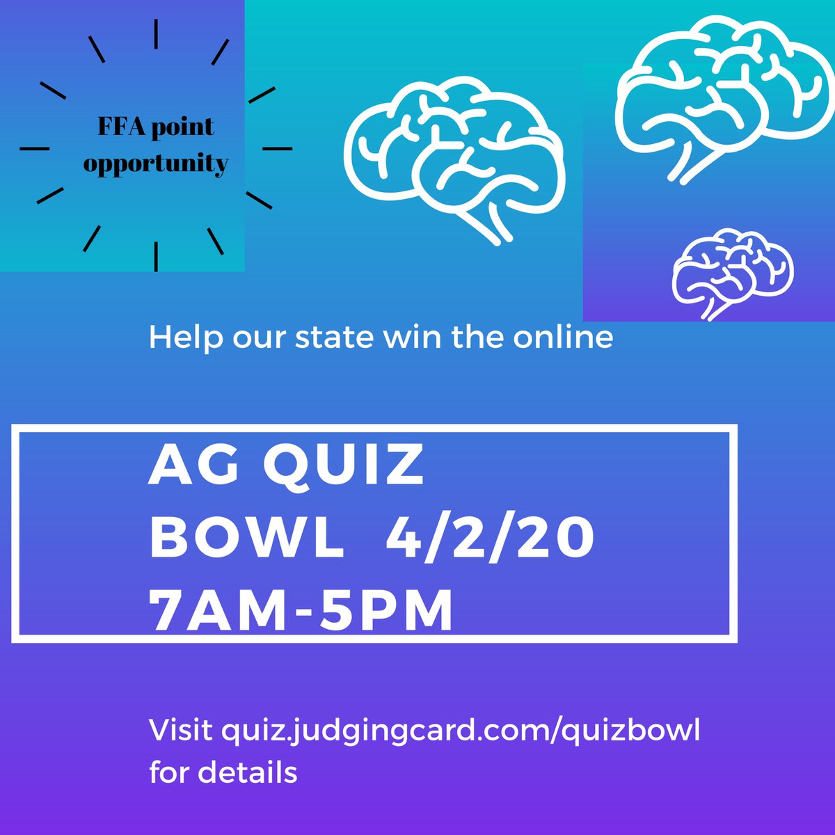 Join us in helping our state win the Ag Quiz Bowl. Visit the website for details. If you complete the contest you will earn an activity point once we get the results!
