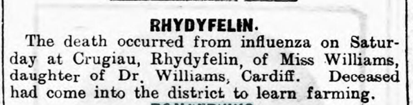 Celebrations aside; cases of influenza continued to trickle in; a notable casualty being that of Rev D.A. Thomas, who was unable to lead the Sunday service at Llanafan, and the passing of Miss Williams, Rhydyfelin.