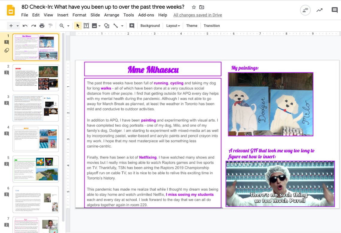 Friendly reminder that video conferencing is not the only way to engage with students in #distancelearning. Today, I posted a simple check-in for students to complete using a collaborative Google Slides presentation. Ss can complete the task at their own pace following my example