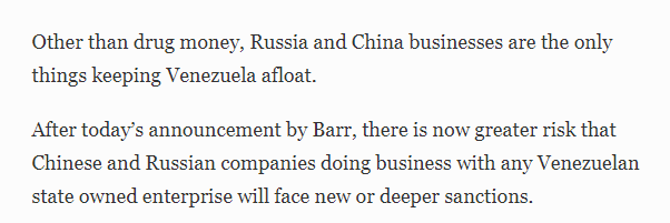 Yes,I know you were wondering. The only thing holding up the Venezuelan Regime is the drug / human trafficking and Chinese / Russian investmentsChina is accessing the Western Hemisphere through Venezuela as well.  https://www.forbes.com/sites/kenrapoza/2020/03/26/its-official-venezuelas-socialists-united-now-a-drug-trafficking-regime-linked-to-farc/#44b61caa21a2