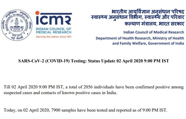 No info today in the PC but now we have the official report back on ICMR site.We see massive jump in the testing today - 7900 tests in a day. Likely due to that  #TablighiJamat Mega-cluster.We are likely to see a change in testing protocols soon. Advisory is released for