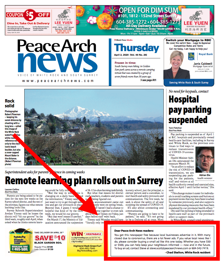 chadskelton's tweet photo. If you value your local community newspaper — and you want it to be around when all this is over — there’s an easy way you can help:

Buy an ad.

I can confirm it’s super easy to do and gives you a warm fuzzy feeling. @PeaceArchNews #savelocalnews https://t.co/p1VN5EEr1a