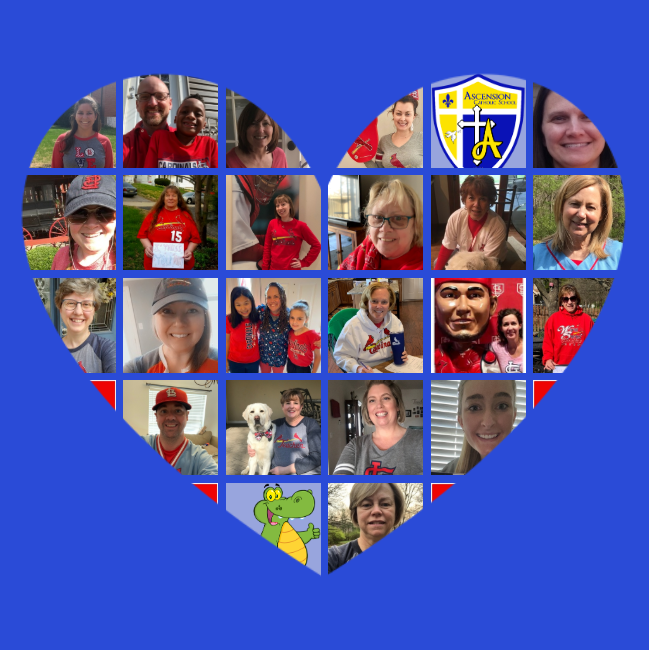 Ascension_K8's tweet photo. From our Ascension Family to yours.... 
Celebrating what should have been #STLCards Opening Day in STL!! Celebrating together apart! 
#ACSGatorsAtHome #ACSGatorPride #ImpartGrace #Family #STLStayHomeOpener https://t.co/1aOGzDDj4k