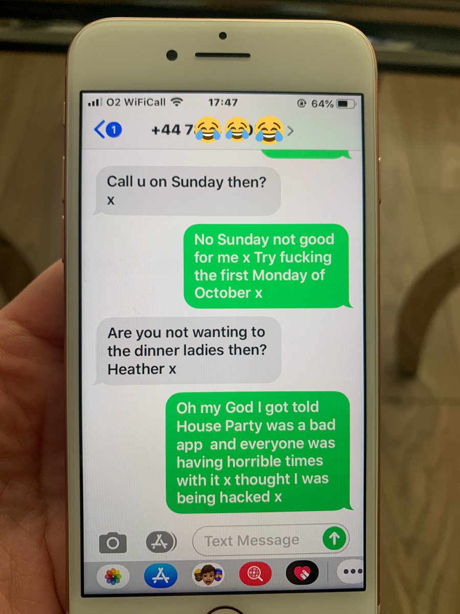 Megzyhirdx's tweet photo. Told my mum to delete House Party cause people were supposedly getting hacked cause of it. Today she received messages from what she thought was a scammer... turned out it was a lady from work trying to organise an innocent catch up 🤣🤣🤣🤣🤣 I’m dead. https://t.co/vmkjMSrir8