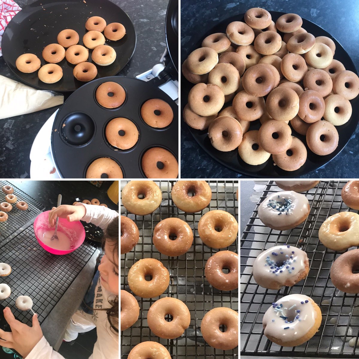 stephmcd90's tweet photo. A bit of baking with Abbie today. Made some mini doughnuts. I went for classic glazed and Abbie made iced with sprinkles. #StephsCakes #AbbiesCakes #AmateurBaker #MiniDoughnuts #Doughnuts https://t.co/Y3fdDSLkVw