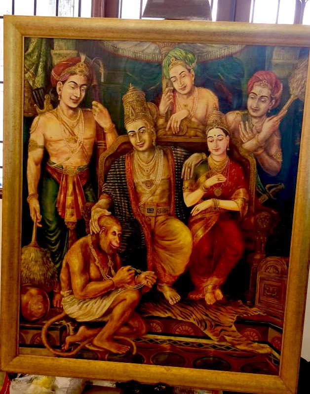 A pic of Rama Pattabishekam painted by  @keshav61 uncle Hanuman gifted a garland by his lord Photographed at his residence