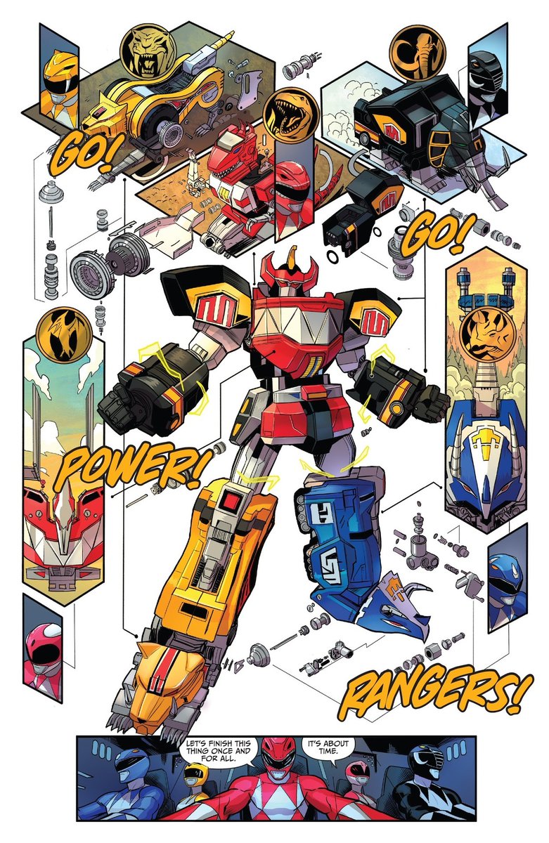 GGPR #4: So I scripted this as a 4 panel transformation, ending with the Megazord reveal in the middle. Dan took that, and made it SOOOOO much better. From this point, I swore I'd give my artists as many morphin sequences and transformations as possible just to see what they do.