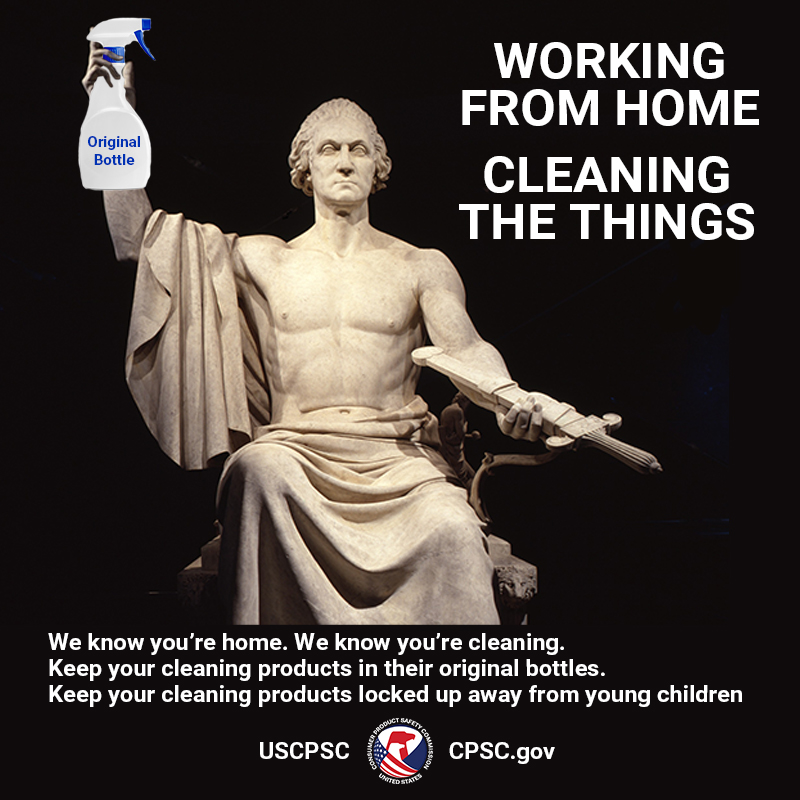 A photo of a naked george washington holding a bottle of cleaning product labeled "original bottle" The text reads: working from home, cleaning the things. keep your cleaning products in their original bottles.