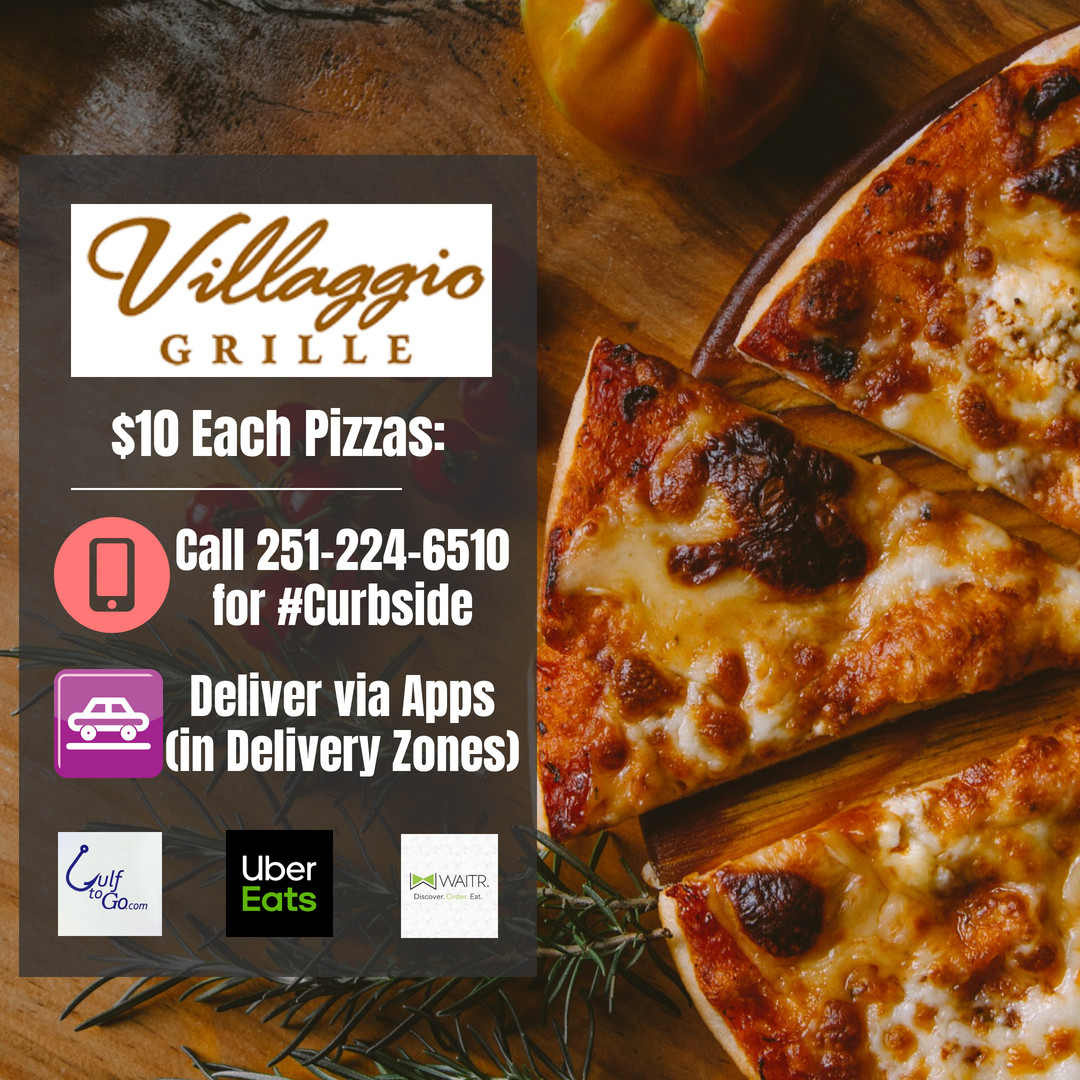 VillaggioOBA's tweet photo. Got #Takeout plans? How about $10 Each Pizzas for the crew?
Order 2 ways:
1️⃣📞Call 251-224-6510 📲For #Curbside #Takeout
2️⃣🚗Delivery via the Apps - #UberEats, #GulfToGo, & #Waitrapp
🍺#Beer & 🍷#Wine are also available for pickkup
#VillaggioGrille #Wharf #OrangeBeach https://t.co/1VYMfv40C0