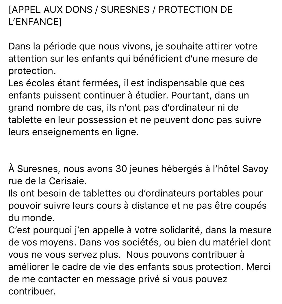 Pour ces milliers d’enfants sous #ProtectionDeLEnfance dont le parcours de vie fut souvent difficile, la continuité de l’enseignement est plus que jamais une exigence.
Si vous vous voulez aider vous pouvez vous rendre sur le lien suivant desordispournosenfants.fr ou en mess privé.