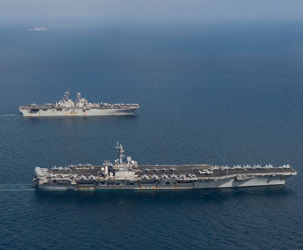 USNavy's tweet photo. Our work is never done. #ForceToBeReckonedWith

The #USNavy aircraft carrier #USSDwightDEisenhower transits the #ArabianSea alongside  #USSBataan. Eisenhower is deployed to @US5thFleet in support of naval operations to ensure maritime stability and security in the region. https://t.co/QUOS9DOJIB