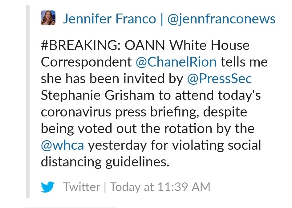 OAN anchor Jennifer Franco deleted her tweet about Chanel Rion telling her that Stepanie Grisham invited her to today's coronavirus press briefing.