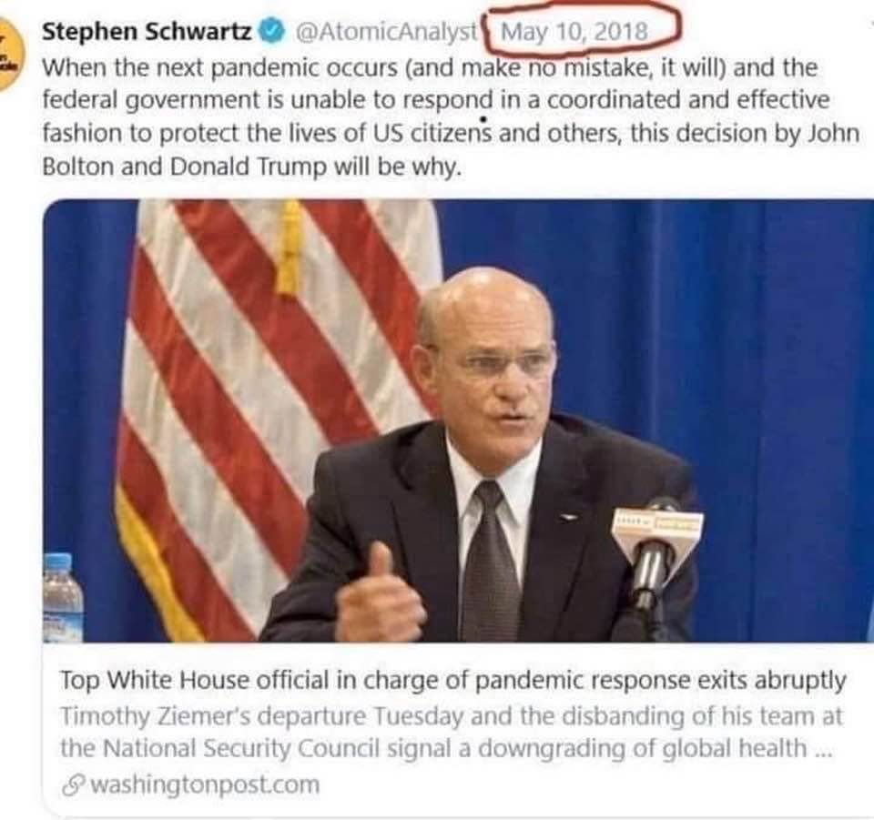 "When the next  #pandemic occurs (and make no mistake it will), and the federal government is unable to respond in a coordinated and effective fashion to protect the lives of US citizens and others ... this decision by John Bolton & Donald Trump will be why."  - May 10, 2018