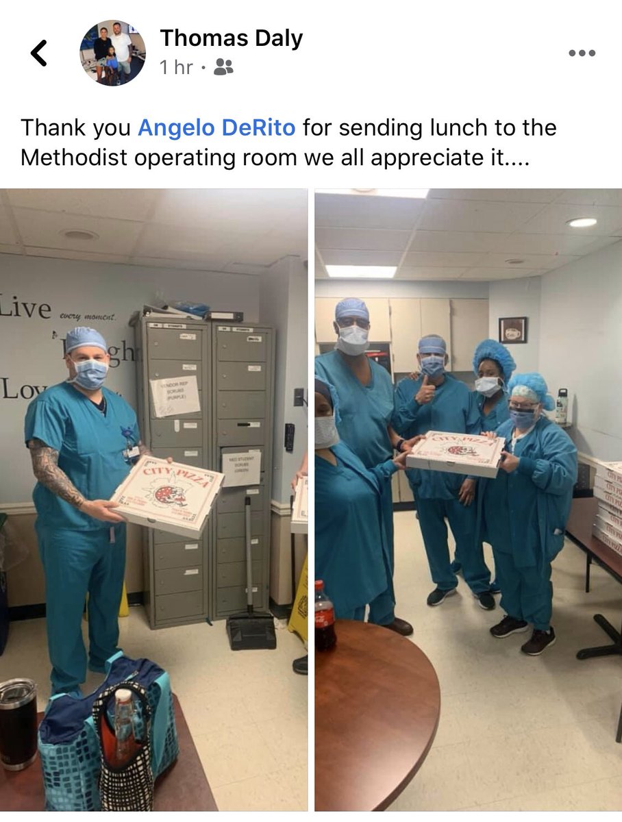 derito24's tweet photo. Today, my wife &amp; I decided to express a small token of our appreciation to a few of the many heroes helping us to fight through this pandemic by sending lunch to the operating room team at Methodist hospital &amp; ordering lunch from one of the local small businesses. @PeggyDeRito https://t.co/KyqJ784wC1