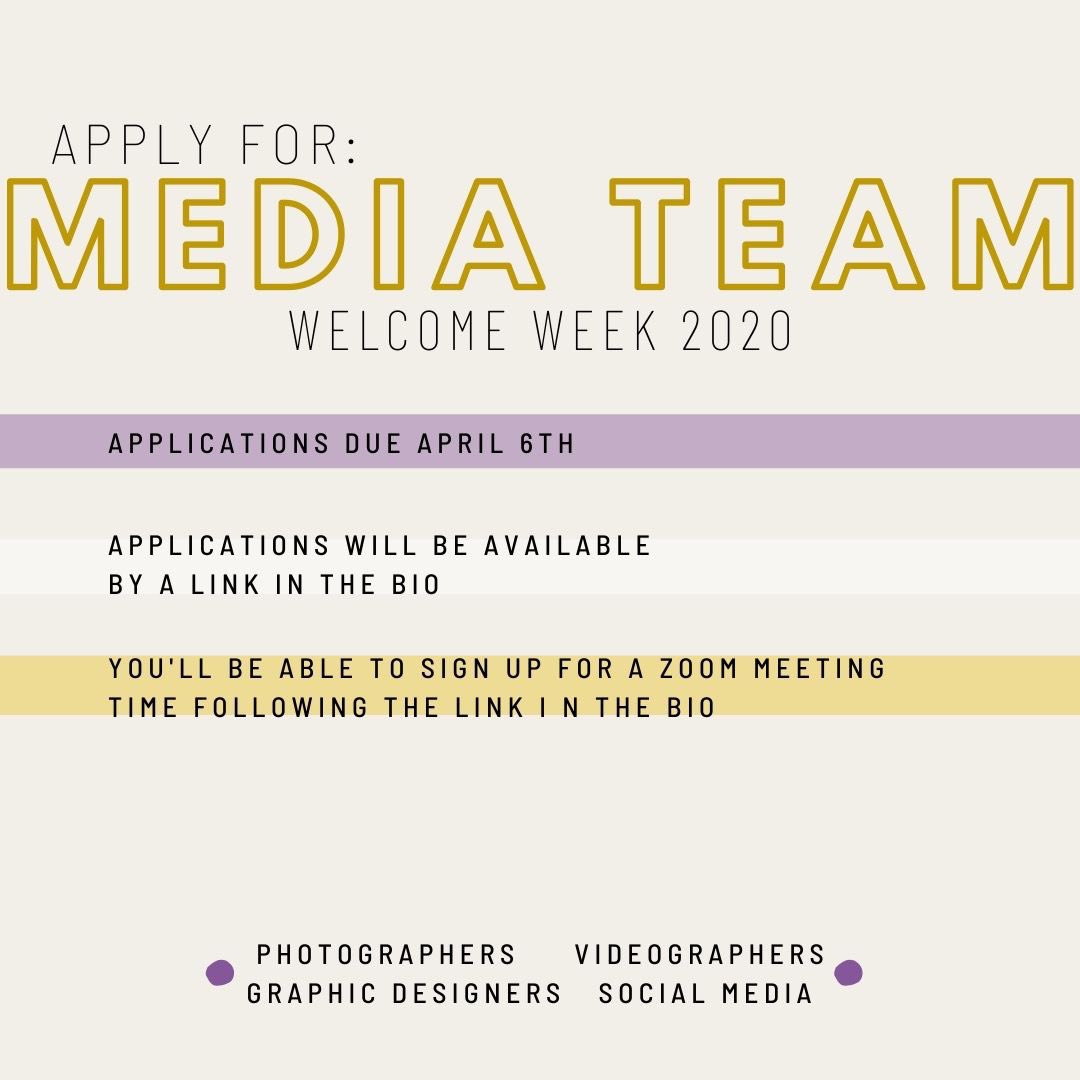 SO_UMHB's tweet photo. HEY CRUSADERS! Welcome Week 2020 MEDIA TEAM apps and COLOR LEADER interview times are out now!! 🤩 DM us if you have questions! https://t.co/7mN8c6Pt3r https://t.co/FIGSALMUuj