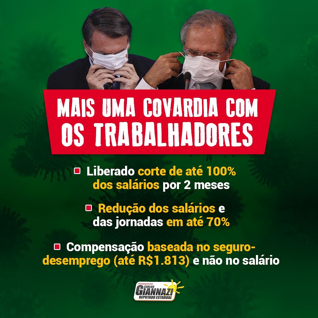carlosgiannazi's tweet photo. 😡 COVARDIA!!!! NOVA MP DA FOME!
🤥 Bolsonaro mentiu! Disse que hoje sairia publicada a sanção do benefício emergencial de R$600 para os mais pobres! Mas a única medida publicada foi uma nova MP covarde atacando os trabalhadores!!👎 #pagalogobolsonaro #mpdafome https://t.co/OUPn4XGVtb
