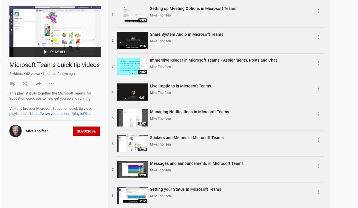 NEW! I made a YouTube playlist of just the #MicrosoftTeams quick tip videos 📽  Short and digestible "how to" videos to get you up and running for #distancelearning 🌎 Go subscribe! 📺

Playlist link: youtube.com/playlist?list=…

#edtech #remotelearning #MIEExpert #MicrosoftEDU