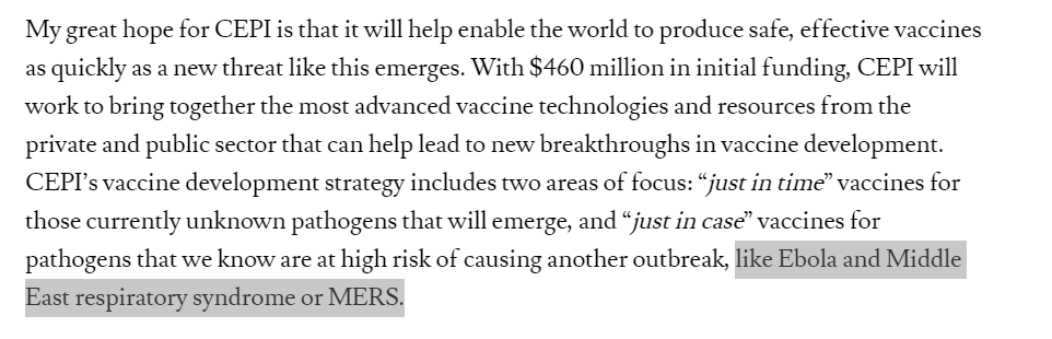 11* Gates yazısında salgın en az terör kadar tehlikeli diyor. Bu yüzden CEPI'yı 460 milyon dolar fonluyor. Bu paralar aniden ortaya çıkabilecek hastalığa karşı aşı üretimi için kullanılacak. East respiratory syndrome, yani doğu solunum sendromu ihtimalini yüksek görüyor!
